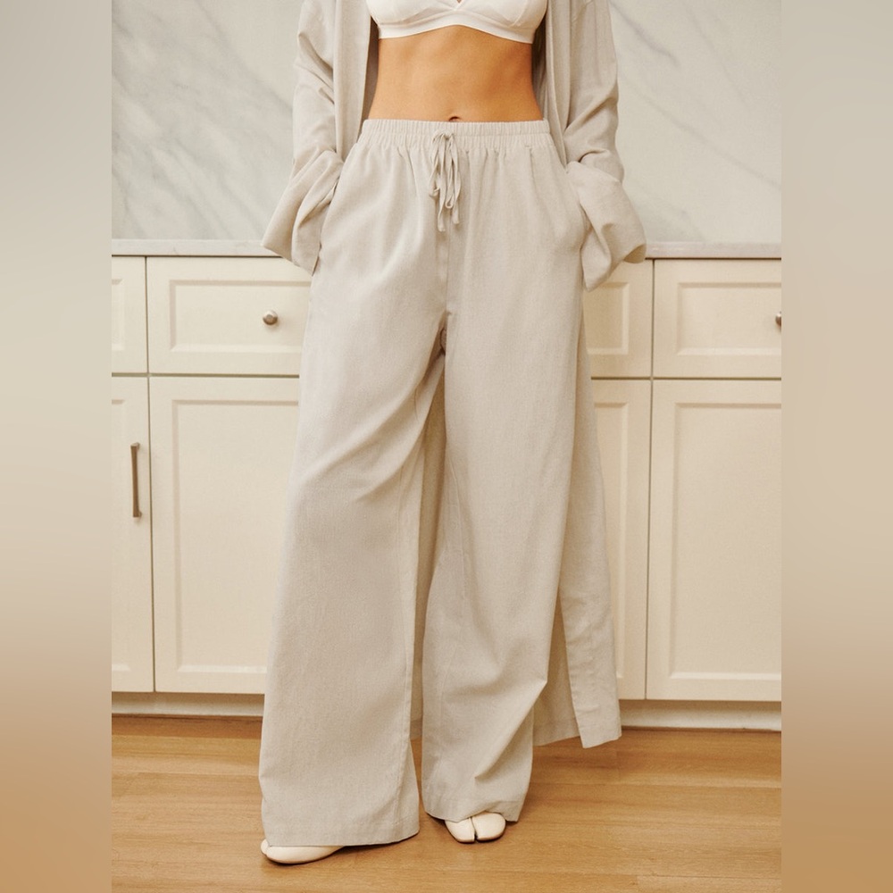 Wide Leg Cotton & Linen Beige Drawstring Pants
